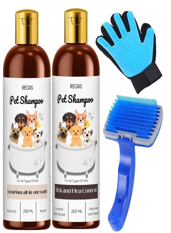 REGIIS Pet Grooming Set with All-in-One Wash Shampoo, Tick and Flea Control, 200ml, 2 Pack with Grooming Brush and Glove(PACK OF 4) - Image 1